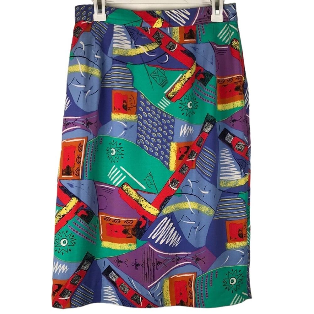 Simon Chang Pencil Skirt Retro Graphic Print Abstract Geometric Colorful Size 12